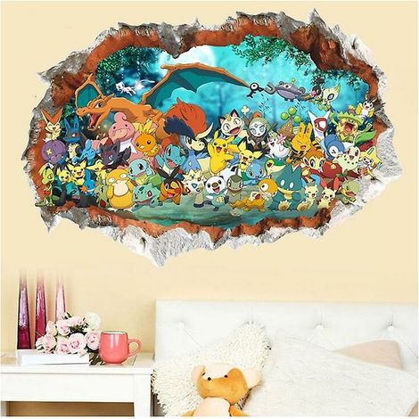 Wandaufkleber „Pokemon Go“, 3D-Cartoon, selbstklebend, Tapetenaufkleber, Kinderzimmer-Dekoration (6090 cm)