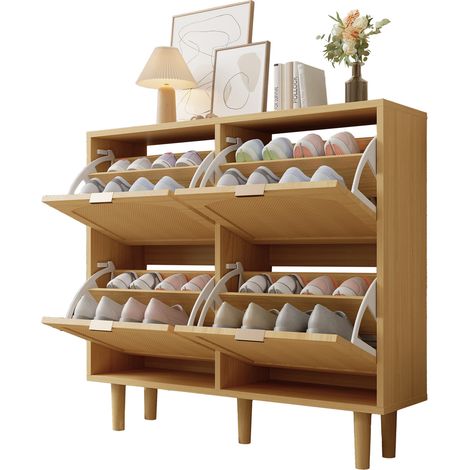 CHICFURN Meuble à chaussures 4 abattants en bois clair et résine tressée, pour entrée étroite, chambre ou appartement, rangement stable avec pieds bois et étagères réglables (1/5)