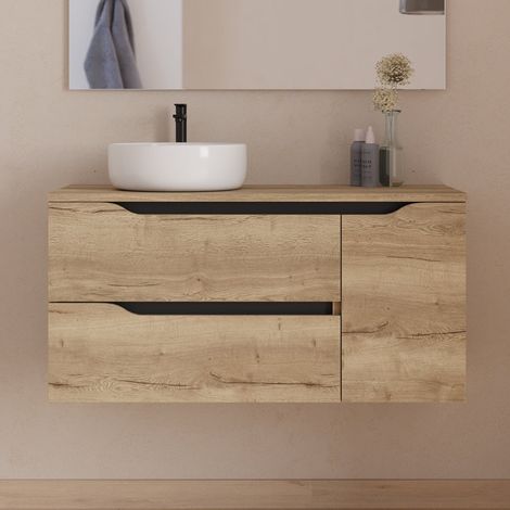 Meuble de salle de bain 100cm avec plateau et vasque à poser déportée à gauche Ares - sans miroir - 2 tiroirs et un placard - madera miel (bois clair) - ZARZA