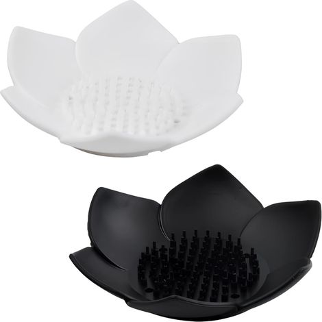 2 jaboneras con forma de loto, de silicona, para baño, cocina, ducha, lavadero o guardarropa (negro y blanco) (1/5)