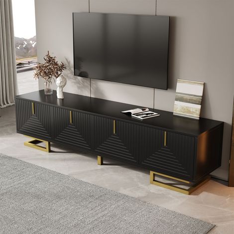 Meuble tv design contemporain avec portes structurées, poignées et pieds dorés meuble tv avec rangement (1/5)