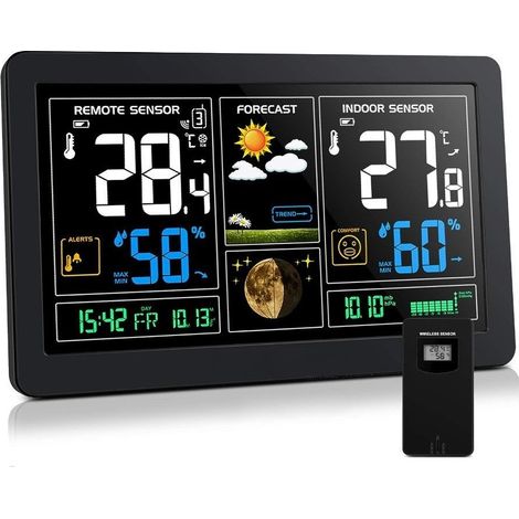 Station météo avec capteurs sans fil intérieur-extérieur, thermomètre, hygromètre, baromètre, phase de lune, écran LCD couleur numérique 9 en 1 avec réveil snooze, prévisions météorologiques (1/4)
