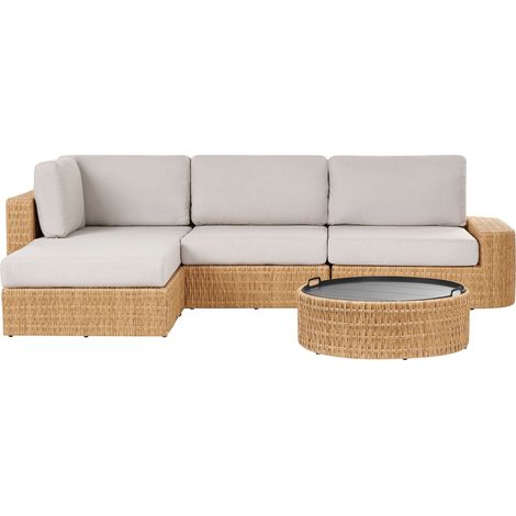 Right-Hand Corner Sofa Garden Set Beige Cushions PE Rattan Wicker 4 Seater with Coffee Table Tray Top OLIVERI (1/5)