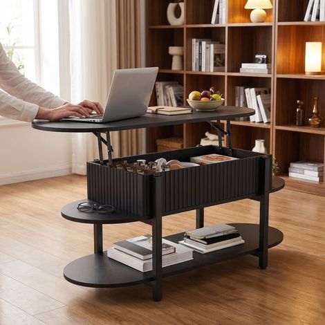 Table Basse, Table basse de Salon Relevable, 106x45x50 cm, avec Plateau Relevable, Compartiment Ouvert, Rangement Ouvert, Noir (1/5)