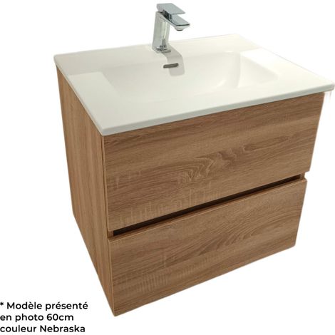 Eiffel Art Construction – Meuble salle de bain suspendu 70 cm en bois miel – 2 tiroirs coulissants – Simple vasque céramique brillante – Pré-monté pour installation facile (1/5)