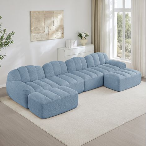 Divano modulare a U 4 posti con 2 ottomani, forma a conchiglia, schiuma 32D, blu, REDOM (1/5)