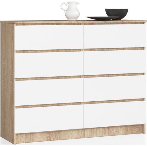 Akord – Commode enfant 120 cm – 8 tiroirs – Chêne sonoma et façade blanche – Dimensions 120x40x99 cm – Panneau stratifié (1/5)