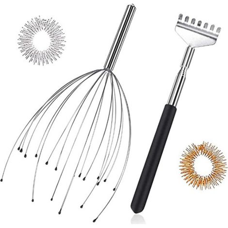 Set de masaje que incluye una garra de masaje de cabeza de acero inoxidable, un rascador de espalda telescópico y un anillo de masaje para los dedos. (1/5)