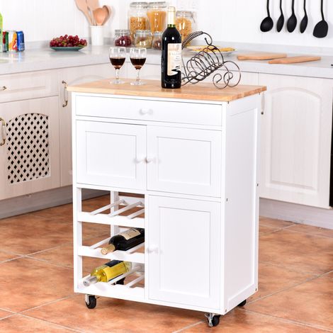 Carrito de Cocina Madera con Rueda Cajón 67x37x87cm Estantería de Cocina Vino Armario Blanco (1/5)