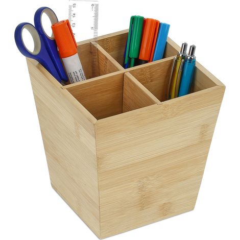 Relaxdays Porte-crayons, pot à stylos 4 compartiments, bureau, HxLxP : 15,5x14,5x14,5 cm, boîte stylos bambou, nature