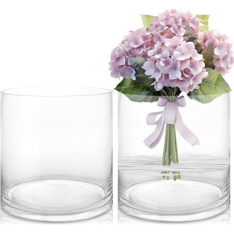 Lot de 2 Vase en Verre Transparent Lot de 2, vases cylindriques 20 cm pour Fleurs, Vase Rond décoratif pour Table, Salon, Mariage, Bougies, Roses, Tulipes et Herbe de la Pampa (1/5)