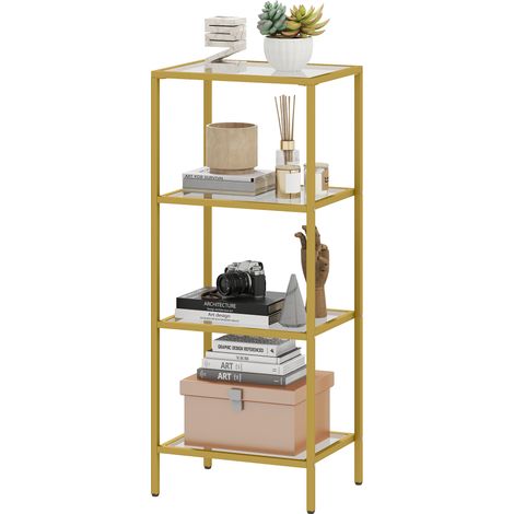 Scaffale 4 Livelli Minimal Metallo Vetro Temperato Oro 40x30x96,5 cm