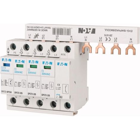 Parafoudres débrochables 3p+N/BB 385VAC 20kA 000167631 EATON SPCT2-385-3+NPE/BB