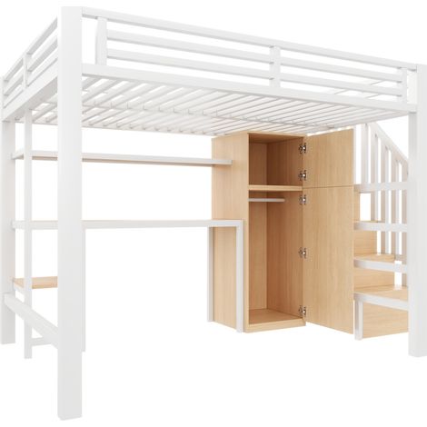 Letto a soppalco in metallo 140x200 con scrivania, scaffale, armadio e scala bianco (1/5)