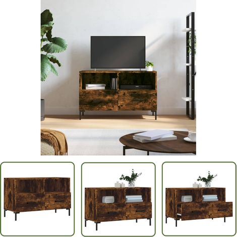 The Living Store Meuble TV Chêne fumé 80x36x50 cm Bois d'ingénierie - Meubles Tv - Meuble Tv - Armoire Multimedia - Rangement Tv - Meuble Industriel (1/5)