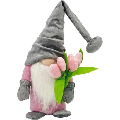 Décoration printanière de tulipes, gnome avec bouquets de tulipes, décoration printanière rose (1/5)