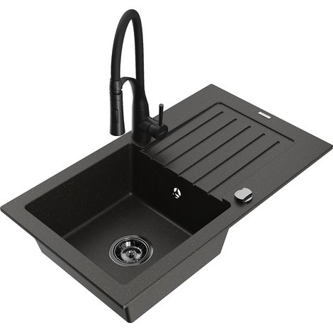Mexen Pablo fregadero de granito de 1 tazón con escurridor y grifo de cocina Aster, negro/dorado metálico - 6510-75-73450-70-B (1/5)