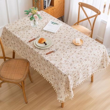 Abwaschbare Tischdecke Baumwolle-Leinenoptik mit Blumenmuster und Quasten 180x140cm