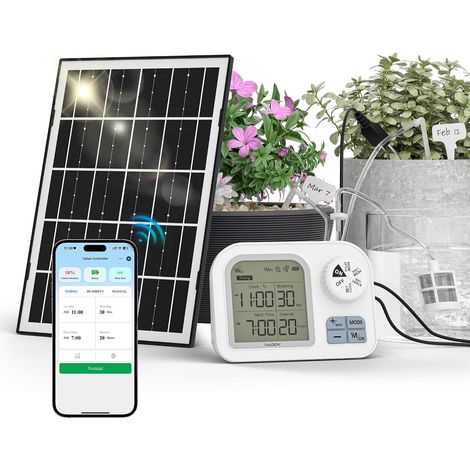 Système d’Irrigation Goutte-à-Goutte Solaire WiFi, Arrosage Intelligent Automatique avec Capteur d’Humidité du Sol, Élévation 5 m pour Jardins Verticaux, Kit Vacances pour 15 Pots (1/5)