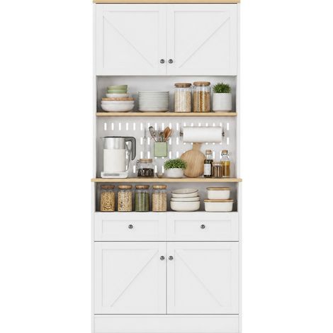 Buffet de cuisine rétro à portes de grange avec 2 portes, 2 tiroirs et niche mur perforé, rangement multifonction blanc et bois clair pour cuisine et salle à manger – CHICFURN (1/5)