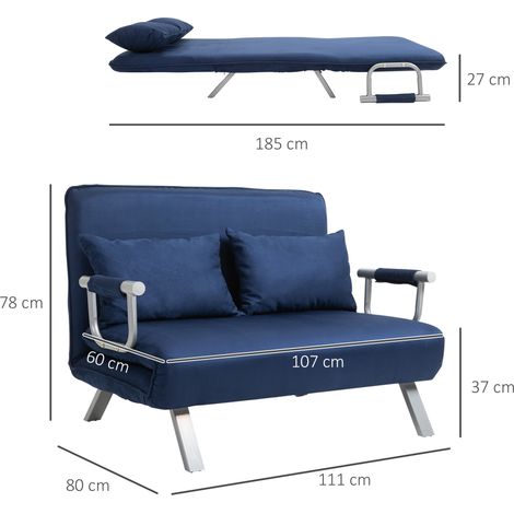 Canapé convertible 2 places avec dossier réglable, sofa-lit en velours avec coussins, canapé rembourré pour salon et chambre, Bleu (1/5)