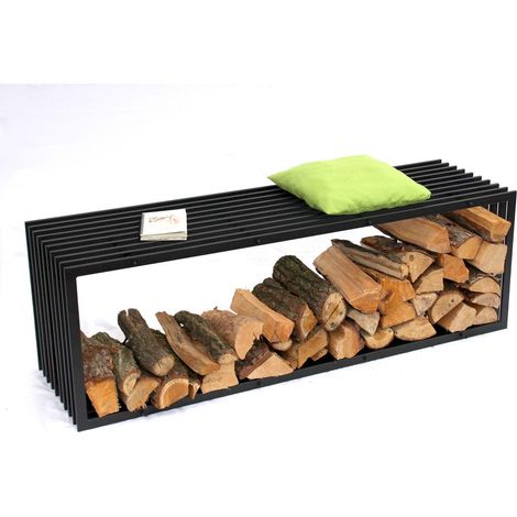 Dandibo – Support de bois de cheminée 10104 – Banc style D 150 cm – Étagère à bois en métal noir – Pour cheminée moderne (1/5)