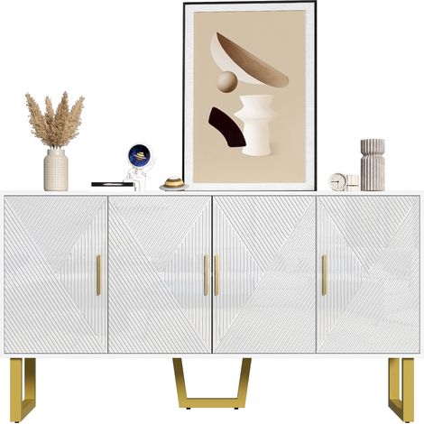 Buffet blanc moderne 150 cm, portes texturées brillantes, poignées dorées, étagères réglables et charnières amorties, style luxe pour salon ou salle à manger - CHICFURN (1/5)
