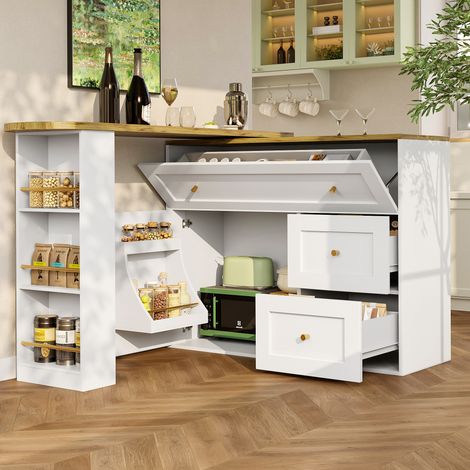 Meuble de bar, table de bar extensible avec 3 tiroirs et étagères ouvertes, poignées dorées, plateau en bois, style moderne, 138-204x39x105cm, Blanc (1/5)