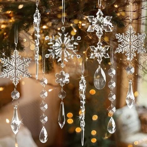 Lot de 18 décorations de Noël en cristal pour sapin de Noël, flocons de neige en acrylique à suspendre, avec pendentifs en forme de goutte, pour lustres hivernaux. (1/4)