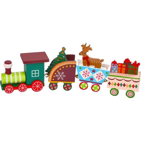 Train de Noël en bois, décoration miniature 1 pièce, wagon avec sapin et renne, ornement ferroviaire pour sapin et fête (1/5)