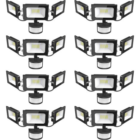 Projecteur LED Détecteur de Movement - 50W 5000LM Ultra Lumineux 3 Tête Spot LED Extérieur, IP65 Etanche Éclairage de Sécurité Extérieur PIR pour Cour Porche Jardin Garage, 8 Pack (1/5)