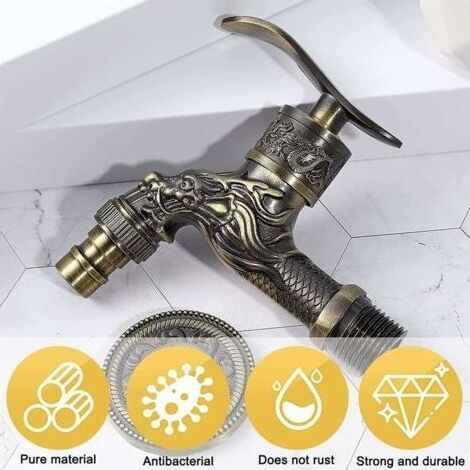 FOREHILL Robinet Mural RéTro en Laiton, Robinet Exterieur Jardin G1/2", Robinet en Laiton Antique, Robinet Mural Vintage, Antique Cuivre Dragon Sculpté Robinet pour Cuisine Bain Jardin (1/5)