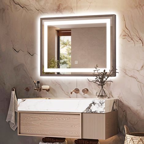 DILECI - Miroir lumineux LED avec cadre bois Noyer foncé veinage naturel 70 x 100 cm (1/5)
