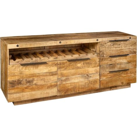 Buffet LODEN 175 cm en bois massif de manguier verni – 2 portes, 3 tiroirs et niche à bouteilles (1/5)