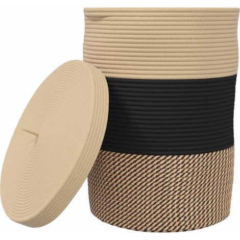 Panier de rangement avec couvercle noir et beige Ø37x50cm coton CFW606821 (1/5)