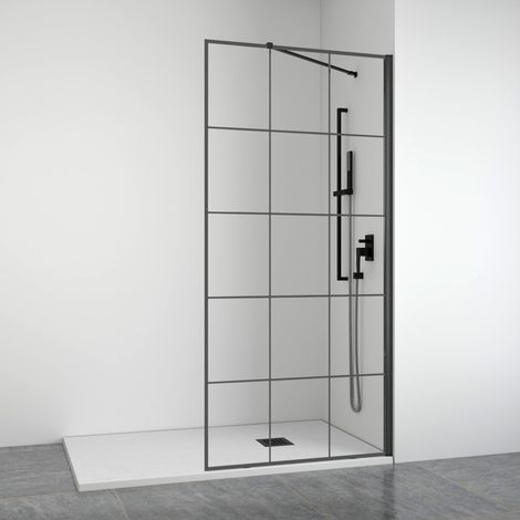 BELLOBATH - Mampara de ducha frontal panel fijo - Industrial - Perfilería Negra Mate - Brazo Articulado - Ancho adaptable 88-90 cm - Alto 195 cm