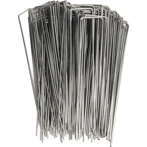 Packung mit 100 U-förmigen Gartenstäben aus verzinktem Stahl zur Befestigung von Unkrautvlies und anderer Pflanzendekoration. Rauheit: 3 mm. (1/5)