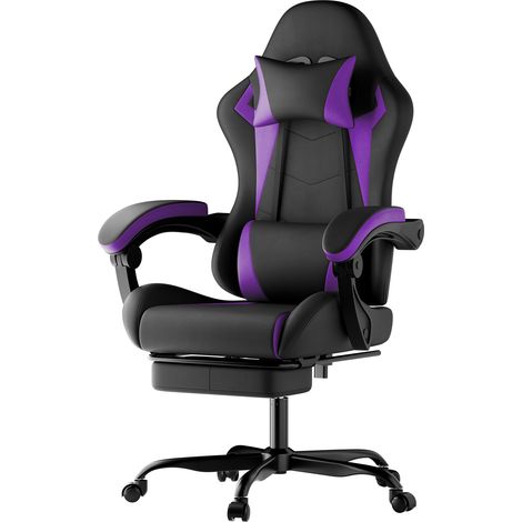 Chaise de bureau ergonomique gamer avec appui-tête et lombaire, réglable en hauteur, noir et violet (1/5)