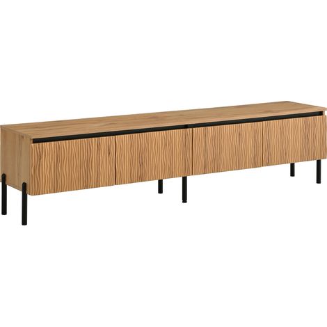 Meuble TV avec 4 portes à relief ondulé, piétement métal, compartiments fermés, finition PB+MDF naturel (1/5)