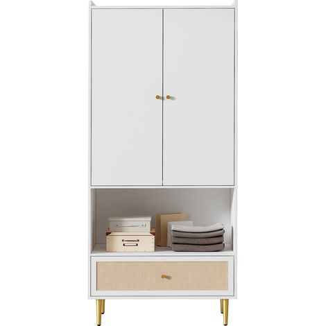ELVMI Armadio con 2 Ante, 1 Cassetto, 1 Appenderia e 1 Ripiano in PE Rattan per Camera da Letto, 80×48×175 cm (1/5)