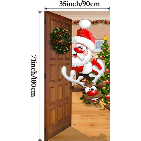 Décoration de porte de Noël, autocollant de porte, tissu décoratif à suspendre, toile de fond pour décoration de fête, décoration de porte de chambre - 90 x 180 cm (perforé + ruban) - 58