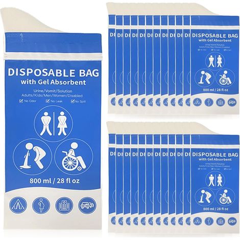 Poches à urine jetables, lot de 24 poches à urine portables, 800 ml, pour les déplacements, poches à urine en gel, toilettes de voyage, toilettes d'urgence, sacs à vomi, urinoirs de voyage pour hommes (1/5)
