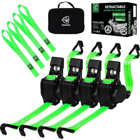 Kit de sangles de serrage automatiques 4 pièces avec crochets en J 3,6m x 25mm vert