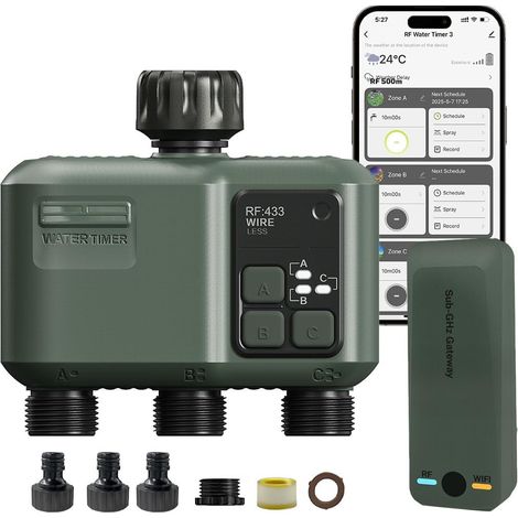 1 Programmateur Arrosage 3 Voies, WiFi 2.4GHz, RF 433 500M, Minuteur Automatique, Mode Pluie, APP Smart Life, Jardin