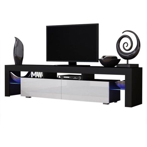 Dusine – Meuble TV moderne 200 cm en mélamine noir mat – Portes laquées blanches – Éclairage LED intégré – Rangement pour matériel audiovisuel (1/3)