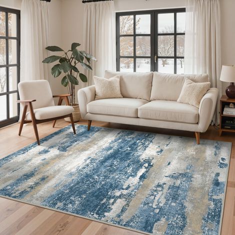 Tapis Salon Résumé 160x230cm Lavable en Machine Rug AntidéRapant Poil Ras, pour Chambre Salle a Manger Descente de Lit Bureau, Cuisine, Bleu et Gris (1/5)