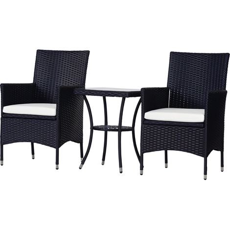 Outsunny 3 Pieces Rattan Bistro Set, Wicker Garden Furniture Set with 2-Tier Coffee Table and Chairs, Cushions, for Outdoor Patio Balcony, Black