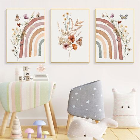 Lot de 3 posters - Arc-en-ciel - Fleur et papillon - Décoration bohème - Décoration murale pour chambre d'enfant - Poster pour chambre d'enfant - Poster pour chambre de bébé - Sans cadre (1/4)