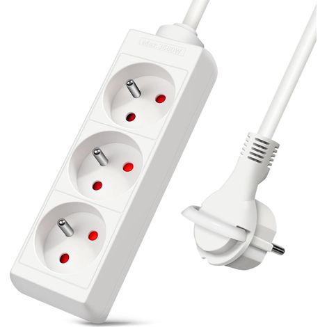 Multiprises 3 Prise avec Fiche Plate, Bloc 3 Prises, Rallonge 1.5m 230V avec sécurité Enfant pour Maison, Bureau, Blanc (1/5)