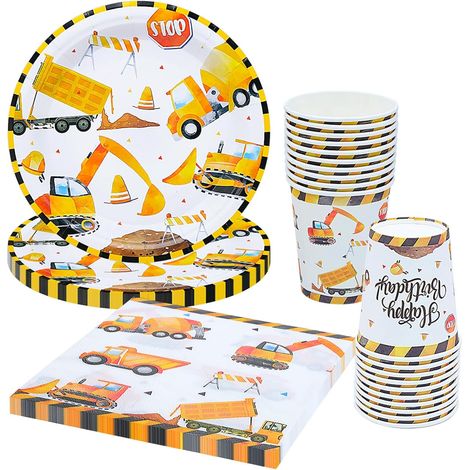 60 piezas de vajilla con temática de excavadora para fiestas de cumpleaños infantiles. (1/5)